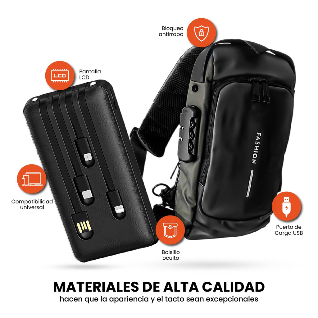 Bolso Manos Libres Antirrobo Con Clave Hombre Color Negro Con Power Bank 10.000