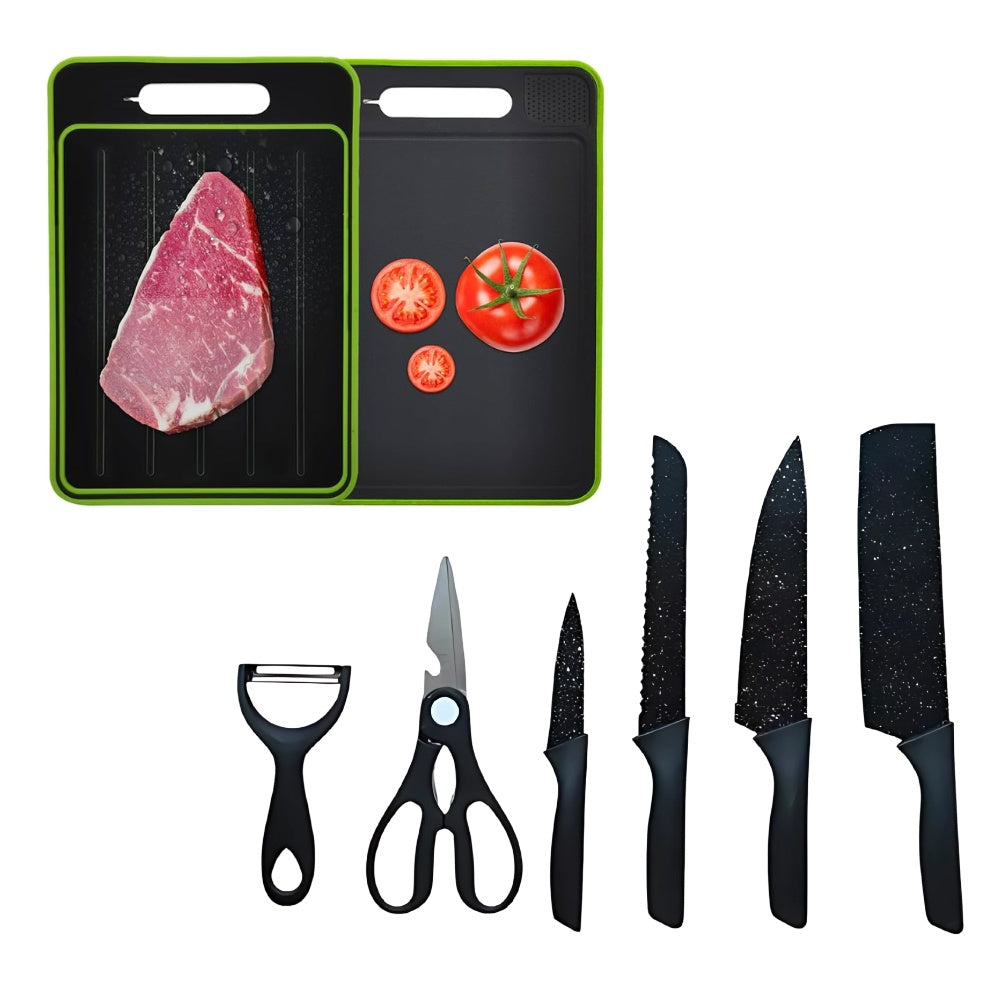 Combo Set Cuchillos Negros + Tabla De Picar Descongelar Carne