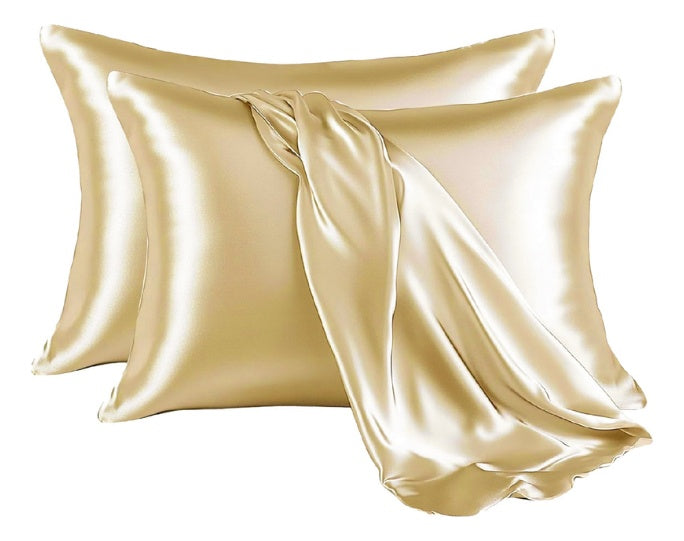2 Almohadas Blancas Con Fundas Satin Seda Dorada Anti Friz Acolchada Innovo