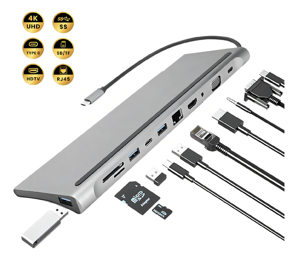 Multipuertos Hub 11 En 1 Innovo+ Con Soporte Plegable Para Laptop Portatil