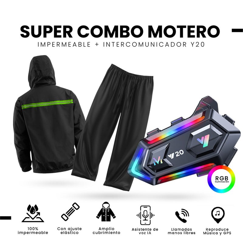 Impermeable Motero Talla L Con Intercomunicador Bluetooth Y20 Manos Libres