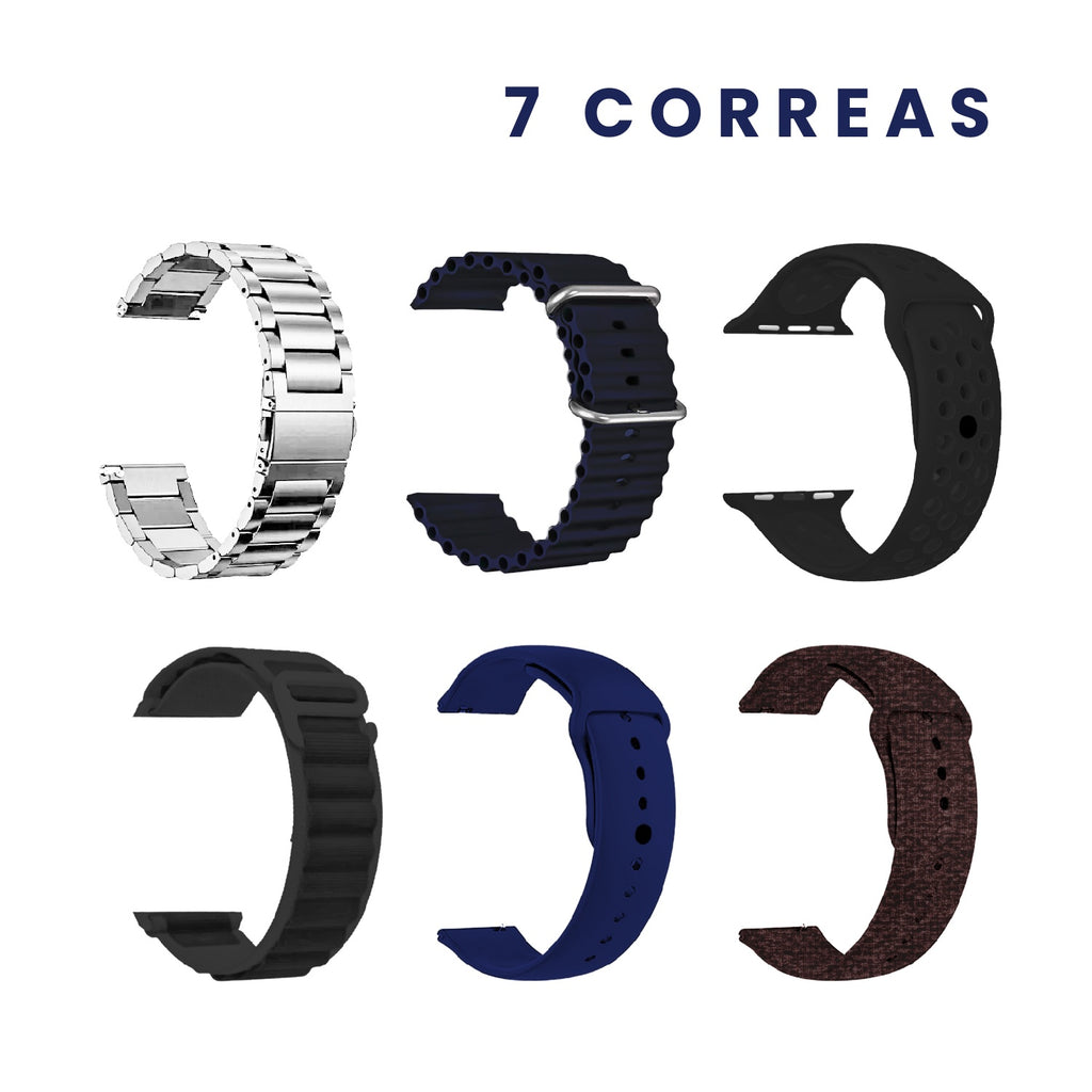 Combo Smartwatch Sport V11 Classic Suit 7 Pulsos Negro Con Audifonos Y Soporte Giratorio Celular