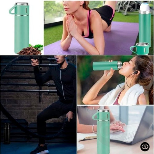 Termo 500Ml Acero Inoxidable Termico +3 Tazas Estuche Regalo