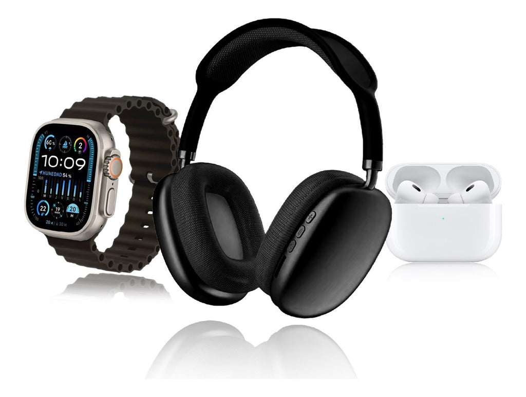 Combo K12 Smart Watch 7 Pulsos Negro V5.3 Wireless Con Audifonos Tactil Y Audifonos Diadema Innovo Tech