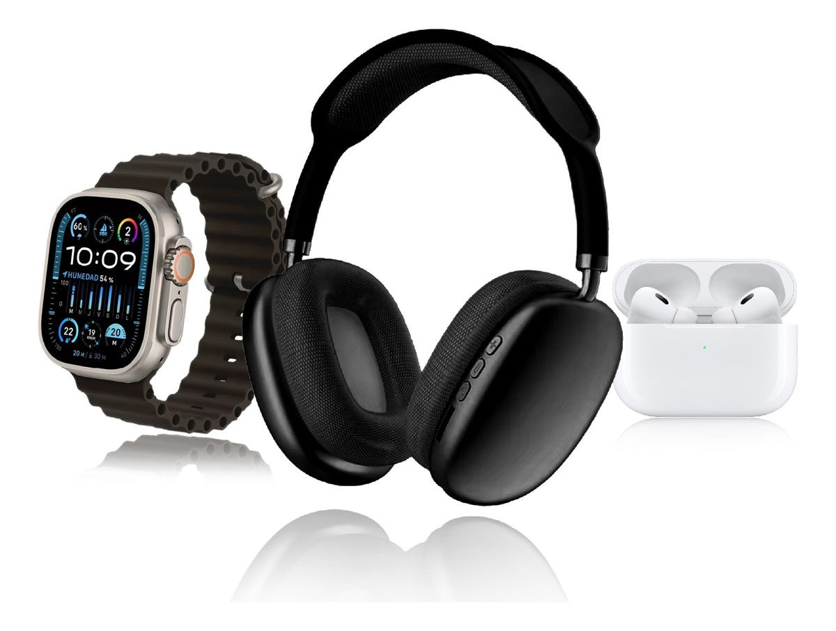 Combo K12 Smart Watch 7 Pulsos Negro V5.3 Wireless Con Audifonos Tactil Y Audifonos Diadema Innovo Tech