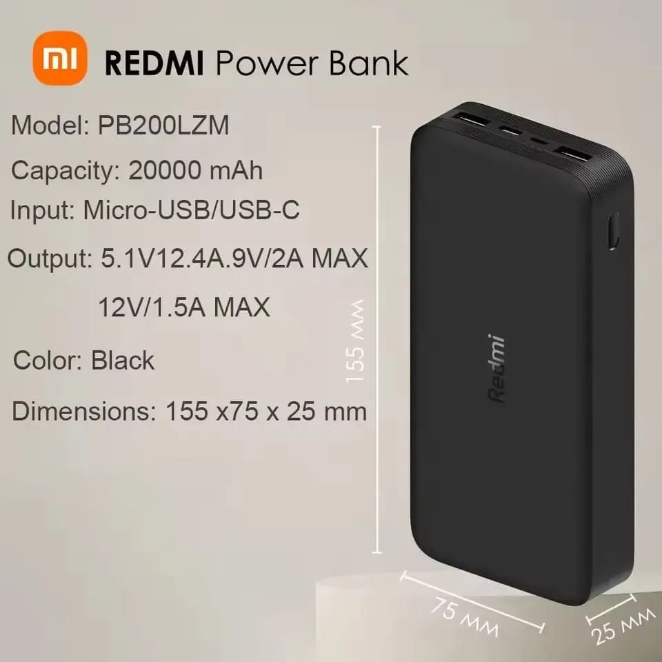 Power Bank Cargador Portatil 20000Mah Xiaomi Redmi Power Bank 18W Usb-C
