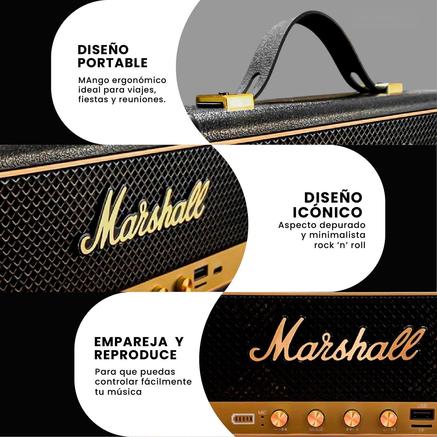 Parlante Bluetooth Sonido Potente Usb Mp3 Fm Marshall Clasic Negro Replica 1.1