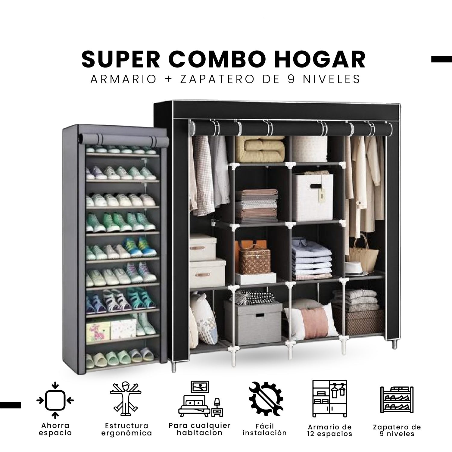 Combo Armario Organizador De Ropa Extra Grande 4 Puertas Y Zapatero 9 Niveles