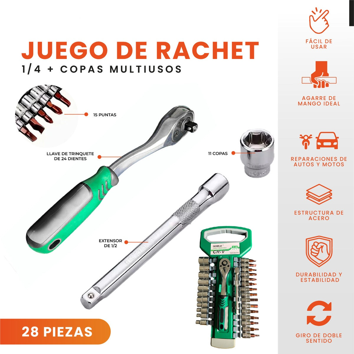Juego De Rachet 28 Pz Herramienta Basics Practico Multifuncional Crome Vanadium