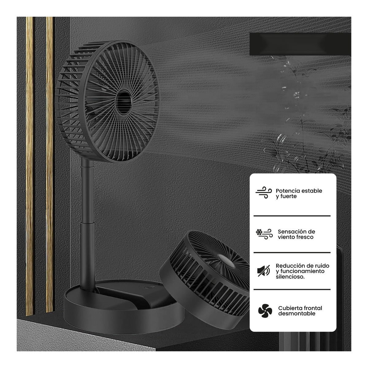 Mini Ventilador De Mesa Portable Potente 3 Velocidades Soporte Para Celular Innovo Negro