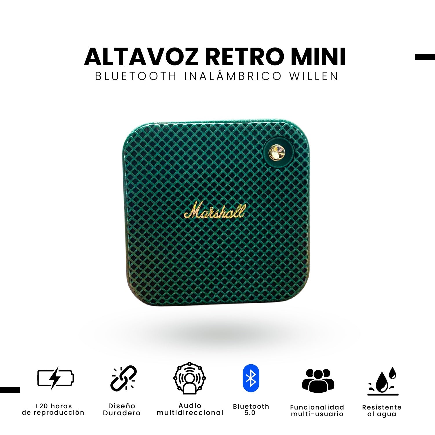 Parlante Bluetooth Sonido Potente Usb Mp3 Fm Portable Tono Verde Marshall